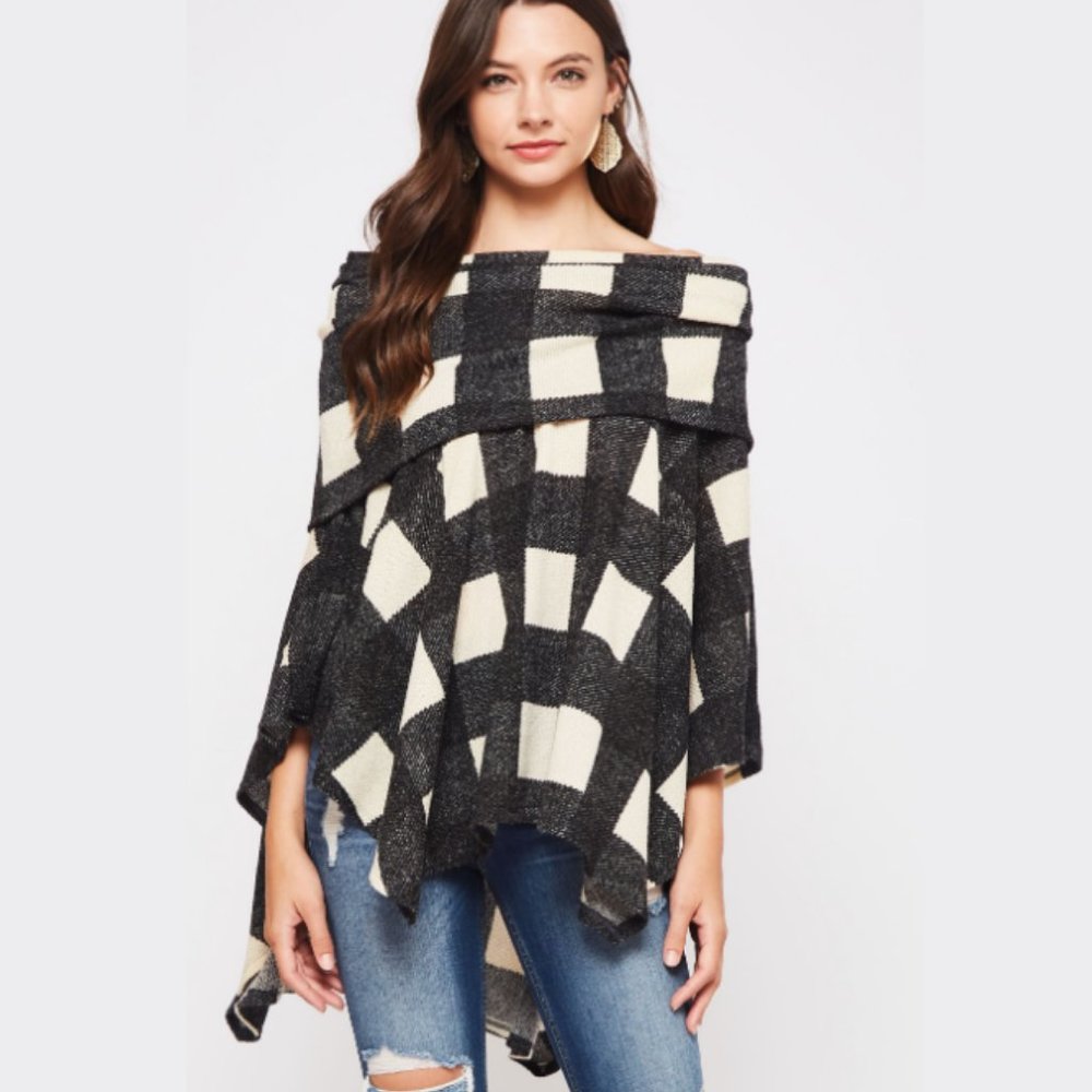 LAST ONE! Flowy Plaid Off the Shoulder Poncho- Medium